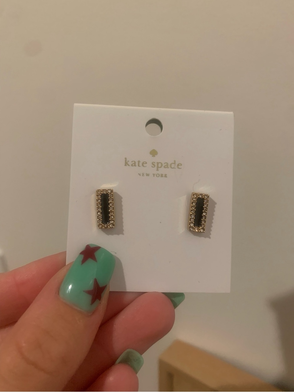 Kate Spade New York Raising the Bar Black Enamel Gold Crystal Earrings New